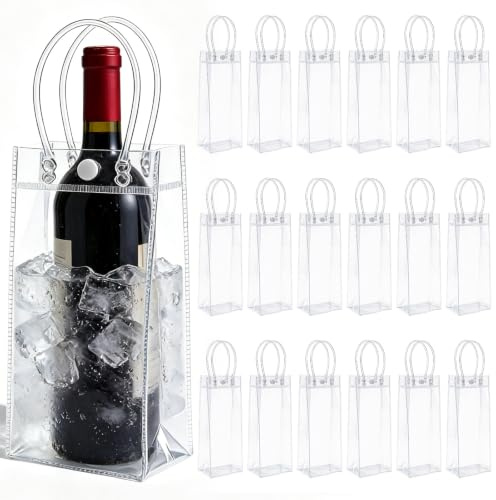 VETOLAKA 18 bolsas de hielo de PVC enfriador de botellas: enfriador de botellas de hielo 10 x 25 x 10 cm, enfriador de champán transparente, bolsa de hielo a prueba de fugas con asa para cerveza fría