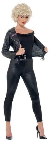 Smiffys Grease Sandy Final Scene Costume in Black for Adults, Jacket, Top, Leggings, and Belt, Officially Licensed, Leather-Look Jacket with Official Logo, Ideal for Group Fancy Dress