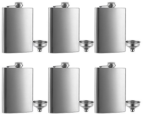 6 Pcs 8 oz Hip Stainless Steel Flask & Funnel Set by QLL, Easy Pour Funnel is Included, Great Gift