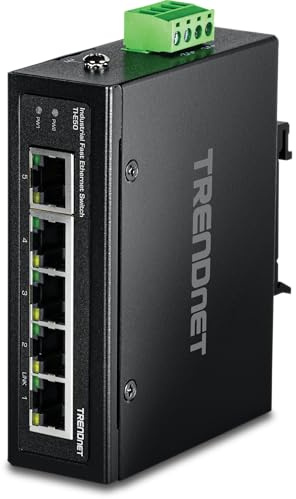 TRENDnet, TI-E50, Switch industriale Fast Ethernet a 5 porte su guida DIN, grado di protezione IP50, intervallo di temperatura operativo estremo, capacità di commutazione di 1 Gbps