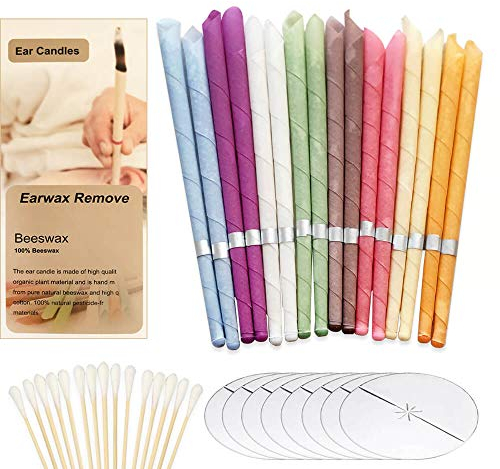 Natural Ear Candles Beeswax Candling Cones, Fragrance Organic Plant Material Hollow Cone Candles 16 Pcs (8 Colours), Hollow Cone Candles with 8 Protective Disks