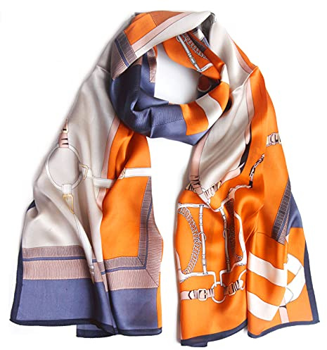 MEISEE 100% Mulberry Silk Long Scarf for Women Large Oblong Sunscreen Shawls Wraps Neck Headscarf Hair Wraps with Gift Packed (Orange+blue)