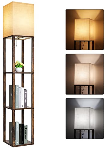 RUNTOP Floor Lamp with Shelves, Modern Shelf Lamp for Display Storage, 3 Color Temperature Wood Narrow Standing Corner Lamp with 8W Bulb for Living Room Decor, Bedroom, Office, Home Decor(Brown)