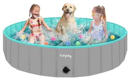 furrybaby Dog Paddling Pool Large Xl, Foldable Dog Pool Paddling Pool for Dogs, Puppy Pool for Gardens with PVC, Non-Slip Base & Drain Plug, Grey, 160 x 30 cm