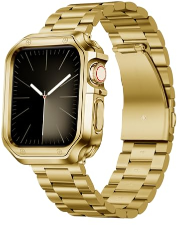 BINLUN Kompatibel mit Apple Watch Metall Armband 45mm 44mm 42mm Edelstahl Ersatzband mit TPU Hülle Kompatibel mit iWatch Armbands Series 9/8/7/6/5/4/3/2/1/SE/SE2/SE3 Herren Damen (Gold)