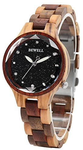 BEWELL Damen Holzuhr Gypsophila Zifferblatt mit leuchtenden Zeigern Süße Uhr für Damen Mädchen(Olive)