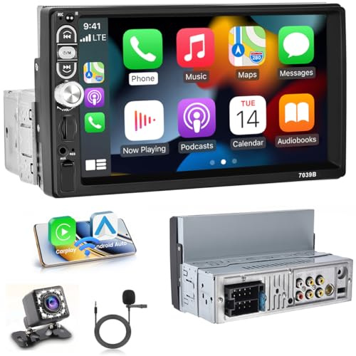 Hikity 1 DIN Radio de Coche Wireless Carplay Pantalla Táctil 7 Pulgadas Autoradio Bluetooth Receptor de Audio con Android Auto, Cámara Trasera, Mirror Link, FM, USB SD Card AUX-in Port