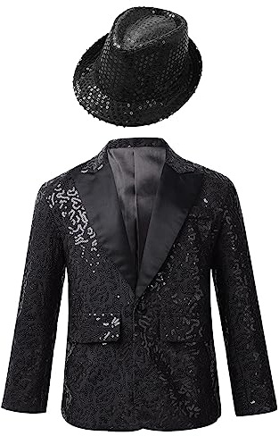 dPois Giacca Formale da Bambini Ragazzi Blazer Gentleman con Cappello Capotto Tuxedo Smoking Panciotto da Cerimonia con Paillettes Lucide Giacche Elegante da Battesimo Nero 11-12 Anni