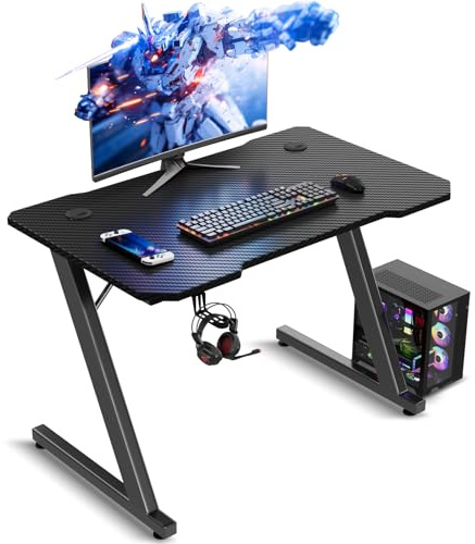 TRIUMPHKEY Gaming Tisch 80 x 52 cm, Gaming Schreibtisch, PC Tisch mit Kopfhörerhaken und Kohlefaserbeschichtung, Ergonomischer Computertisch, Metallgestell, Kohlefaser Schwarz