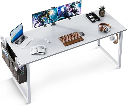 ODK Escritorio de Ordenador, Mesa de Estudio de Ordenador con Bolsa de Almacenaje y Gancho para Auriculares Mesa de Escritura de Ordenador para Oficina, Dormitorio (Blanco, 138x50x73.5cm)