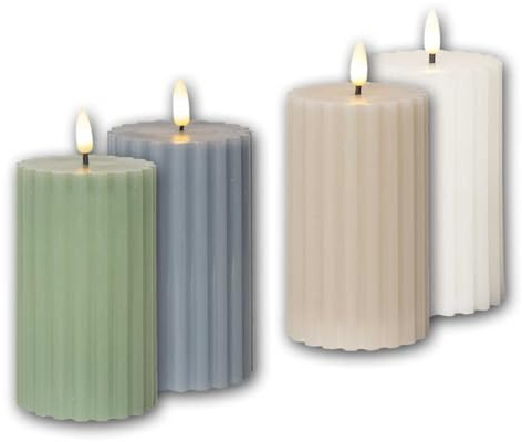 world-trading-net – uppsättning med 4 LED-blockljus Stripe, höjd 15 cm, diameter 7,5 cm, vit, beige, grön, blå, timer, 3D-låga