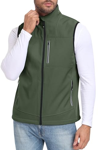 MoFiz Softshellweste Herren Weste Outdoor Fleece Laufweste Wasserdichte Anglerweste Trekking Wander Sports Ärmellose Jacke Grun XL