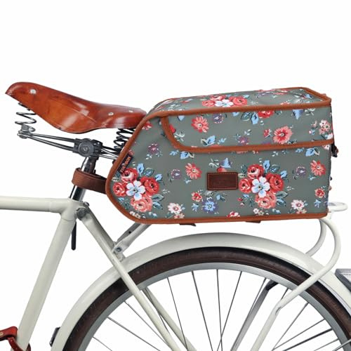 TOURBON Canvas Bicycle Pannier Bike Rear Rack Insulated Trunk Cooler Bag (Green with Flower)