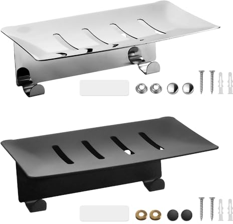 NAROSEBE 2 Stück Selbstklebend Seifenschalen ohne Bohren Edelstahl Seifenhalter zum Kleben Seifenablage Hängend Seifenkorb Dusche Seifendose mit Haken Quadratisch Soap Box für Seife Scrubber Schwämme