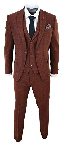 Costume Homme 3 Pièces en Tweed à Chevrons en Laine Mélangée Style Vintage Rétro du Gentleman Britannique - Marron 48