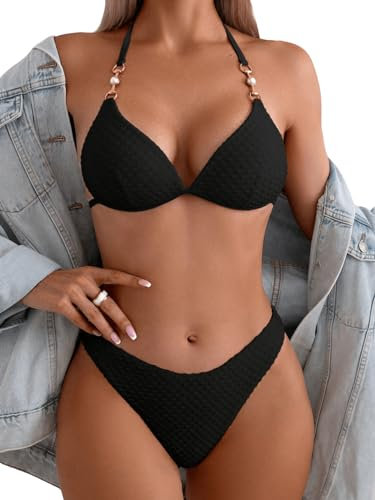 GORGLITTER Bikini Damen Set Mit Ketten Neckholder Bikini Set Triangel Bikini Sexy Zweiteiliger Badeanzug Mit Perlen Bademode Schwarz M