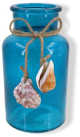 The Bridge Collection 5 Seashell Beach Jar - Coastal Bathroom Decor - Beachy Home Decor Accessories - Decorative Blue Jar With Sea Shells