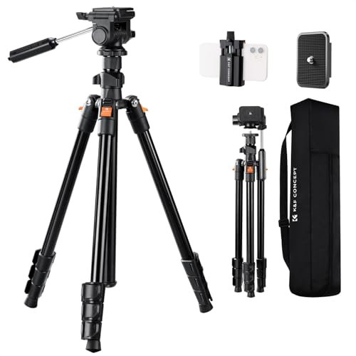 K&F Concept Trípode Cámara 196cm, Trípode Vídeo O234A0+BV01 con Cabezal Giratorio de 3 Vías Inclinación +100°/-70°, Carga 4kg para SLR, DSLR, Smartphone con Soporte para Teléfono