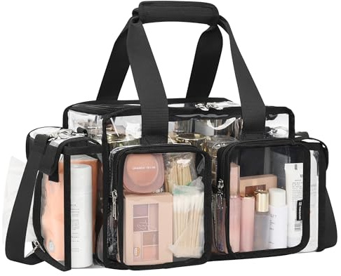 Relavel Clear Makeup Bag Professional Makeup Artist Kit Set Travel Cosmetic Organizer Case Transparent Stadium Approved Tote Bag Toiletry Lunch Duffle Work Shoulder Bag with Adjustable Dividers, Black