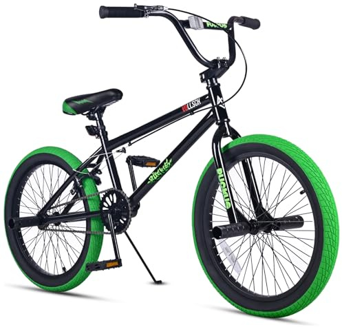vollsch Freestyle BMX Bikes 20 Inch Kids Bicycle for 8-15 Years Old Teens, Boys, Girls, Beginner-Lever Riders, Black with Green Tires
