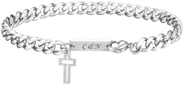 PiercingJak Kreuz Armband Herren Personalisert Armkette mit Gravur Silber Edelstahl Kettenarmband für Männer Panzerkette Kubanische Armbänder Charms Schmuck Individuelle Geschenke für Mann Junge