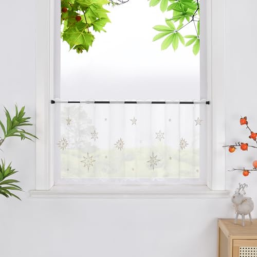 HeichkelL Scheibengardine mit Sterne Transparente Gardine Weihnachten Kurzstores Bistrogardine mit Stickerei Gold HxB 45x90 cm