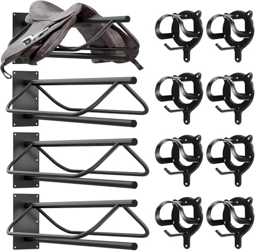 Noliven 12 Pack Saddle Rack Wall Mount with Pad Bar, Heavy Duty Wall Mounted Saddle Stand with Bridle Hooks Detachable, Saddle Stand Tack Storage for Horse Trailer, Stall Supplies and Accessories