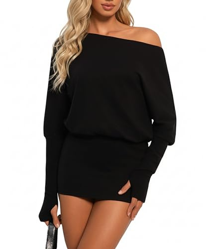 Coloquin Womens Long Sleeve Off Shoulder Mini Dress Y2k Batwing Bodycon Dress Party Going Out Dresses
