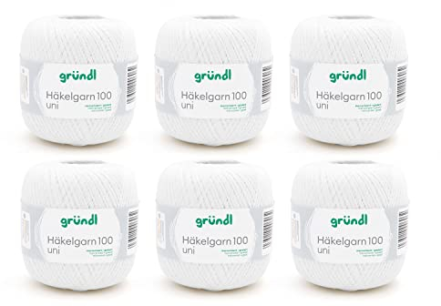 Gründl Wolle Häkelgarn 100 aus 100 % Baumwolle, 6 x 100 g Knäuel, Nadelstärke 1,5 - 2, 6, 100 g / 566 m, dünnes Garn zum Häkeln, Baumwollgarn, weiß