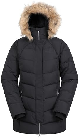 Mountain Warehouse Isla II Womens Down Jacket - Water Resistant Puffer Coat with Faux Fur Trim Hood, Zipped Pockets & Thermal Tested -35 °C - For Winter & Outdoors Jet Black Women's Size 14