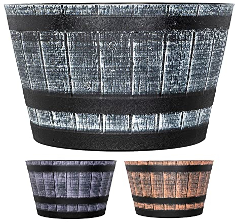 SG Traders Large Half Barrel Cask Planter, Indoor Plant Pot with Drainage Holes, Flower Pots Outdoor Garden Planters, Plastic, Greywood with Black Bands, 52 x 31cm