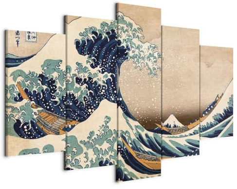 murando - Quadro La grande onda di Kanagawa 150x75 cm 5 Pezzi Stampa su tela XXL Immagini Moderni Murale Fotografia Grafica Decorazione da parete Quadri Componibili Katsushika Hokusai