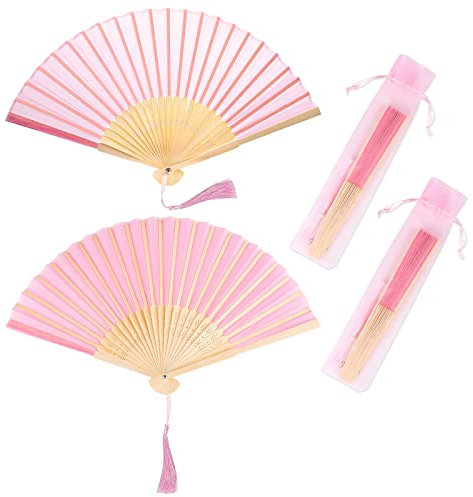 2 pezzi ventagli pieghevoli con frangia in seta, ventagli a mano portatili, 21 x 38 cm, ventilatori pieghevoli, per ventaglio matrimonio, danza ecc. (Pink2)
