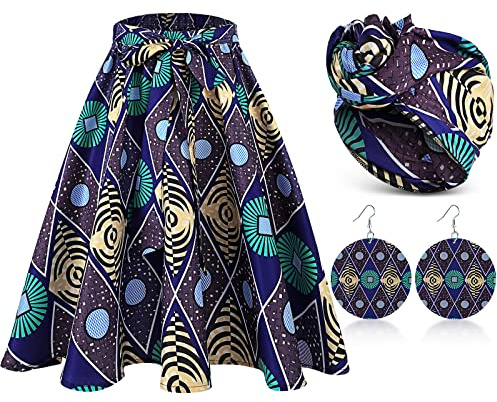 Coume 3 Pcs Women African Dashiki Skirt Traditional Costume African Bohemian Head Wrap Scarf Drop Dangle Earring(Large)