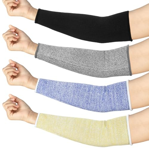 Neer Lot de 4 paires de manchons de protection pour la peau fine, anti-coupures et résistantes aux brûlures pour avant-bras (noir, bleu, gris, jaune, 30 cm)