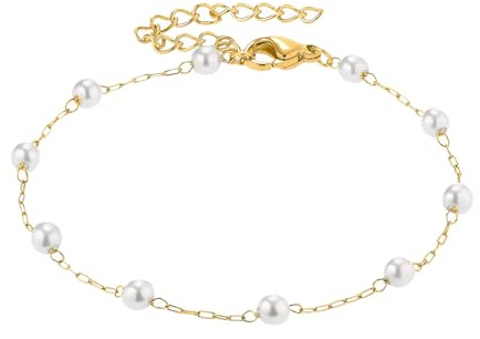 Kritz Bracelet Femme plaqué Or et Acier inoxydable Style Trombone Paperclip - Corde Torsadé - Gourmette Maille Cubaine - Perles - Bracelets Fin Rond Empilable Bijoux Cadeau Femmes (Chaine Perles)
