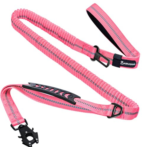 AIRUIDOG Heavy Duty Tactical Dog Leash, 4-6FT Shock Absorbing Bungee Lead with 2 Padded Handles, Metal Carabiner & Seatbelt Clip, Reflective No-Pull Leash for Medium/Large Dogs (Pink)