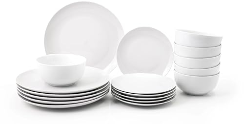 18PC Dinnerware Porcelain White Set: 6 Dinner Plates, 6 Side Plates & 6 Bowls. Dishwasher & Microwave Safe.