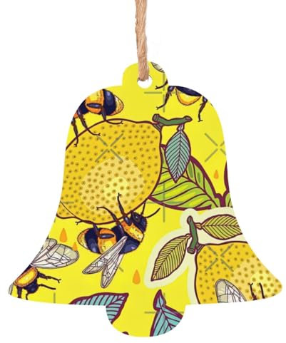 Luckily&Day Adornos de madera para colgar en el árbol de Navidad con estampado de limón amarillo y abeja, 6 piezas