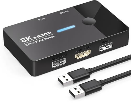 TJCXELE 8K60Hz HDMI KVM Switch 2 PC 1 Monitor USB 2.0 Kvm Switches Dual Computers Sharing 1 Monitors, Keyboard, Mouse And Printer with Desktop Controller And USB Cables, Plug and Play