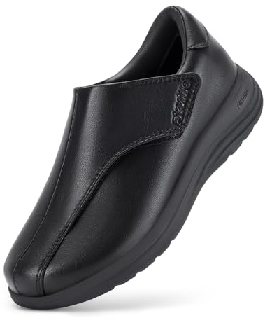 FitVille Extra Wide Diabetic Leather Shoes for Women Dress Shoes Casual Slip On Oxfords slipper for Swollen Feet, Jet Black, 6, X-Wide