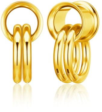 Jovivi Gold Ear Tunnels with Ring Stainless Steel 00G Ear Gauges Double Flared Stretchers Plugs Earrings Ears Lobe Piercing Jewellery 10mm