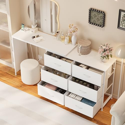 Welfuturer Coiffeuse d'angle en forme de L blanche avec 6 tiroirs et poches latérales, coiffeuse blanche avec USB et prise électrique blanche pour chambre à coucher, table de maquillage ou vestiaire
