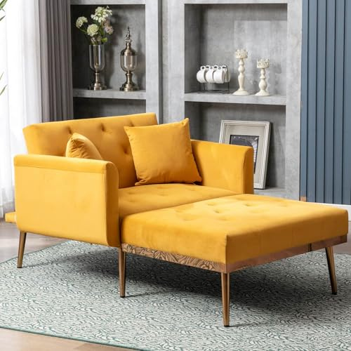 PUGSDRLY Fauteuil Convertible 1 Place avec Dossier Souple Réglable à Trois Positions,2 Coussins D'appui,Pied Métallique,Canapé Fauteuil Lit pour Salon,Chambre Appartement (Jaune Moutarde)