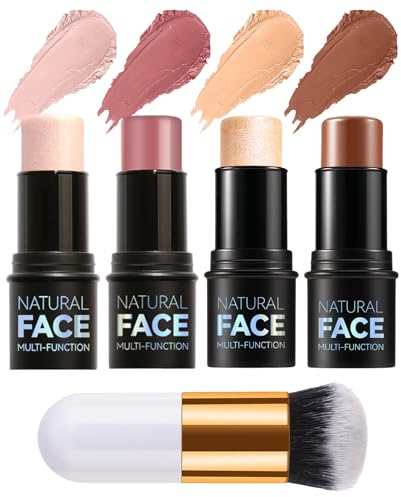 SEESUNO 4Pcs Contour & Highlighter Stick Set - Cream Bronzer Blush Makeup Stick for Face, Waterproof Long Lasting, with Blending Brush, for All Skin Types