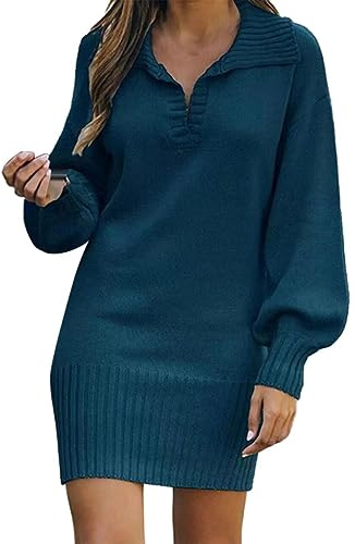 Robe d'hiver courte en tricot pour femme - Manches longues - Col à revers - Col en V - Manches lanternes - Mini robe ample - Couleur unie - Robe décontractée sexy - Robe d'hiver trapèze