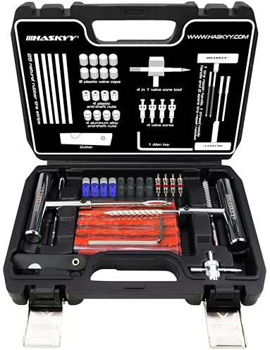 HASKYY Kit Riparazione Pneumatici 53 Pezzi Tubeless – Set Completo con 25 Strisce Gomma, Attrezzo Valvola 4-in-1, Cappucci, Dadi Antifurto, Manico a T, Ago e Cutter – Auto Moto ATV SUV