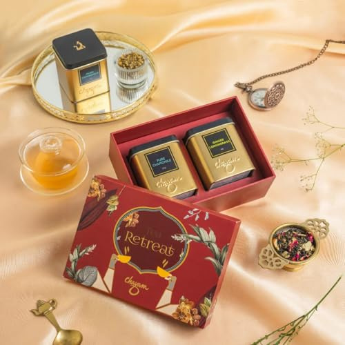 Tea Retreat Gift Set – Chamomile Green Tea & Ginger Lemongrass | Premium Whole-Leaf Herbal Infusions | Relaxation, Sleep Support & Digestion Blend | Luxury Reusable Gold Tins – Perfect Wellness Gift