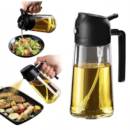 ANTUK 470MLl Olive Oil Spray Bottle, 2 in1 Oil Dispenser and Sprayer, Glass Olive Oil Sprayer for Cooking, Food-Grade Mister for Kitchen, Air Fryer, BBQ (Black)