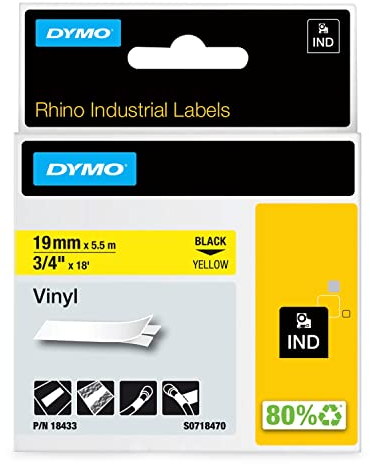 DYMO Rhino-Industrie-Vinyletiketten | 19 mm x 5,5 m | schwarz auf gelb | selbstklebendes Schriftband | für DYMO Rhino und LabelManager Beschriftungsgerät